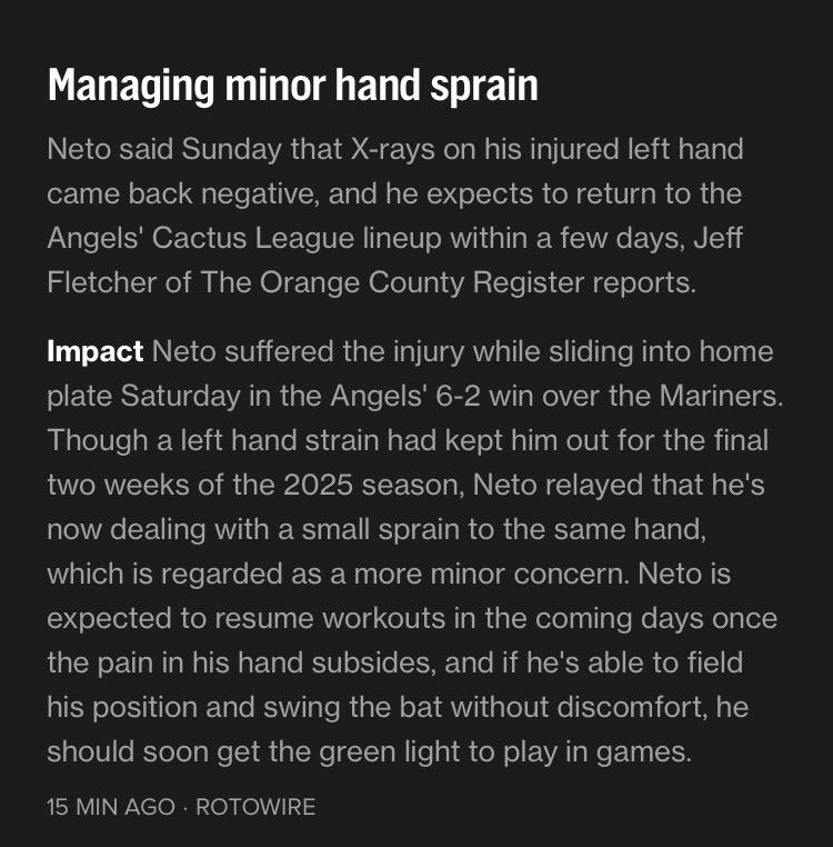 X-rays on Neto’s hand came back negative and he expects to return to the lineup in a few days