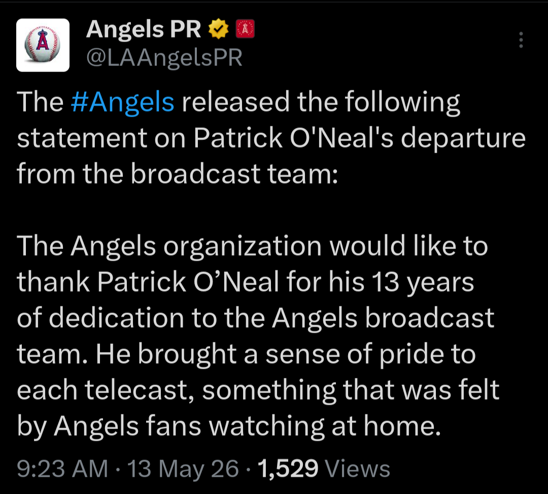 Patrick O’Neal has departed from the Angels organization