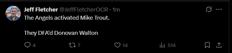 The Angels activated Mike Trout. They DFA’d Donovan Walton [JeffFletcherOCR]